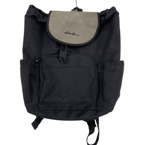 Eddie Bauer Canvas Backpack Cinch Drawstring Top Flap Closure Black - Picture 1 of 12